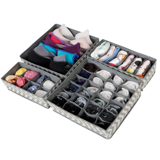 4 Pcs Undergarment Organizer Storage Box for Drawers Bra Panty Socks Tie Lingerie Organizer for Wardrobe, 24x8x7x6 Grid ,inside, Non-Woven Fabric, Grey