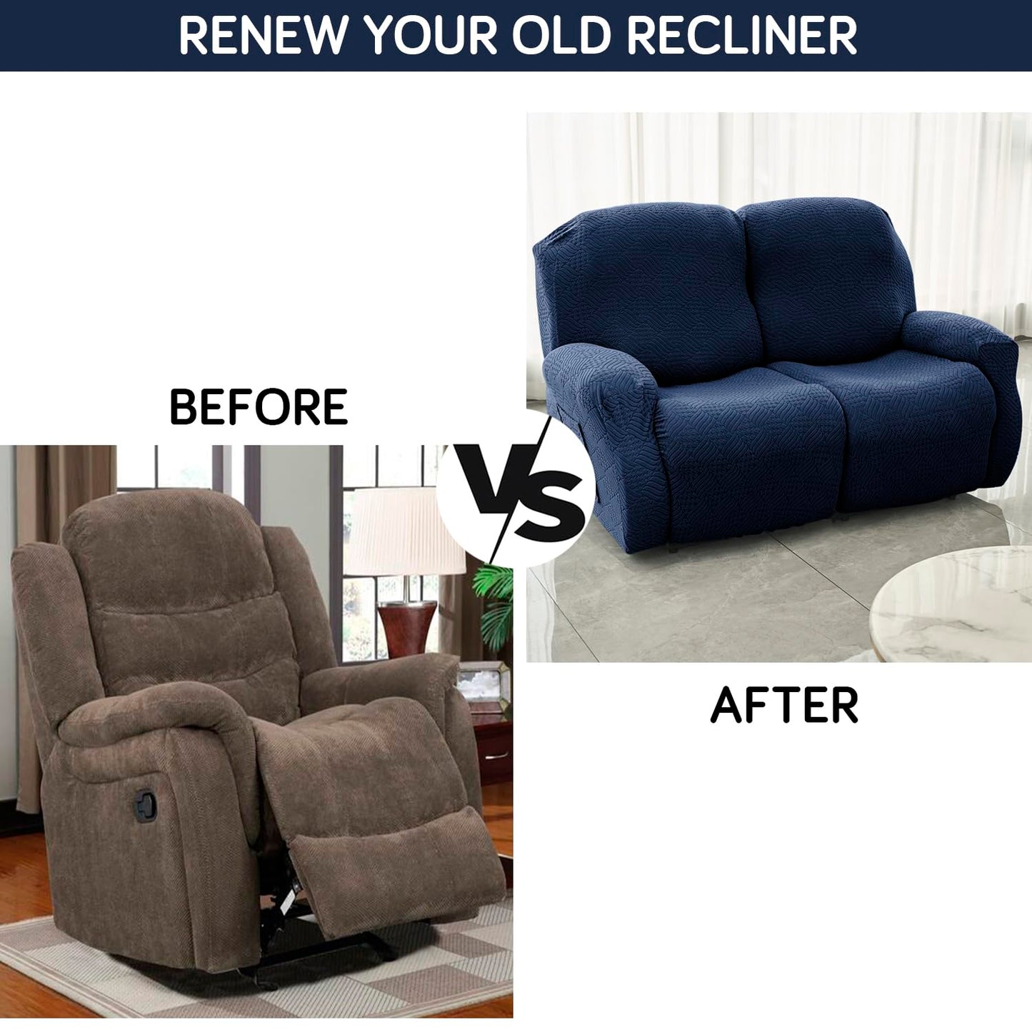 Premium 170 GSM Jacquard Fully Covered Recliner Sofa Cover for 1/2/3 Seaters, Navy Blue