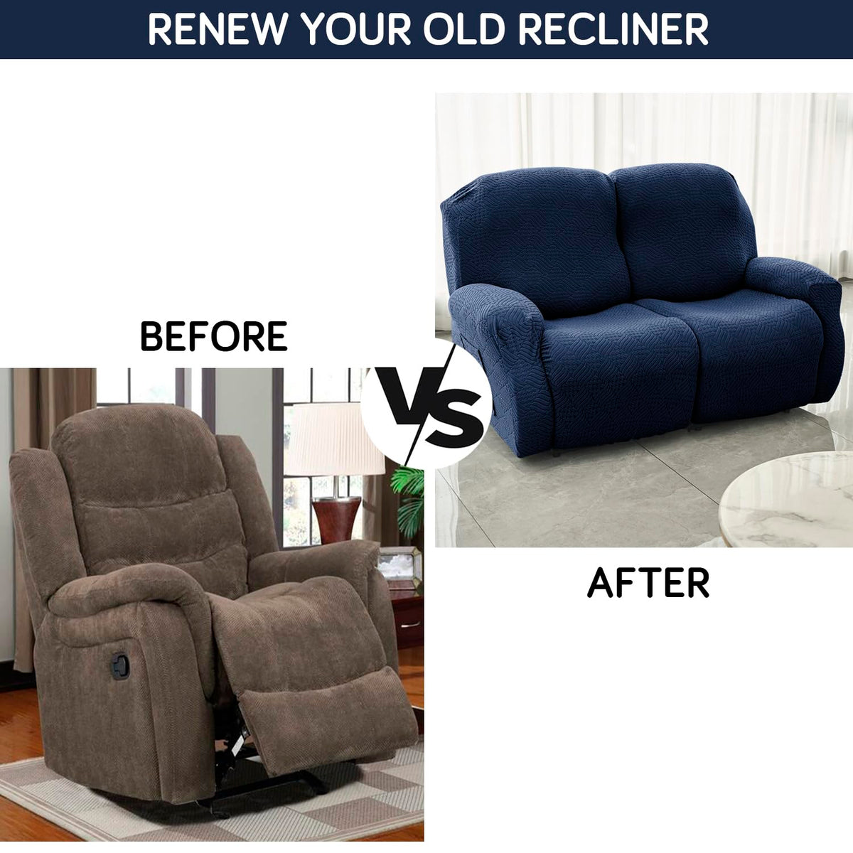 Premium 170 GSM Jacquard Fully Covered Recliner Sofa Cover for 1/2/3 Seaters, Navy Blue