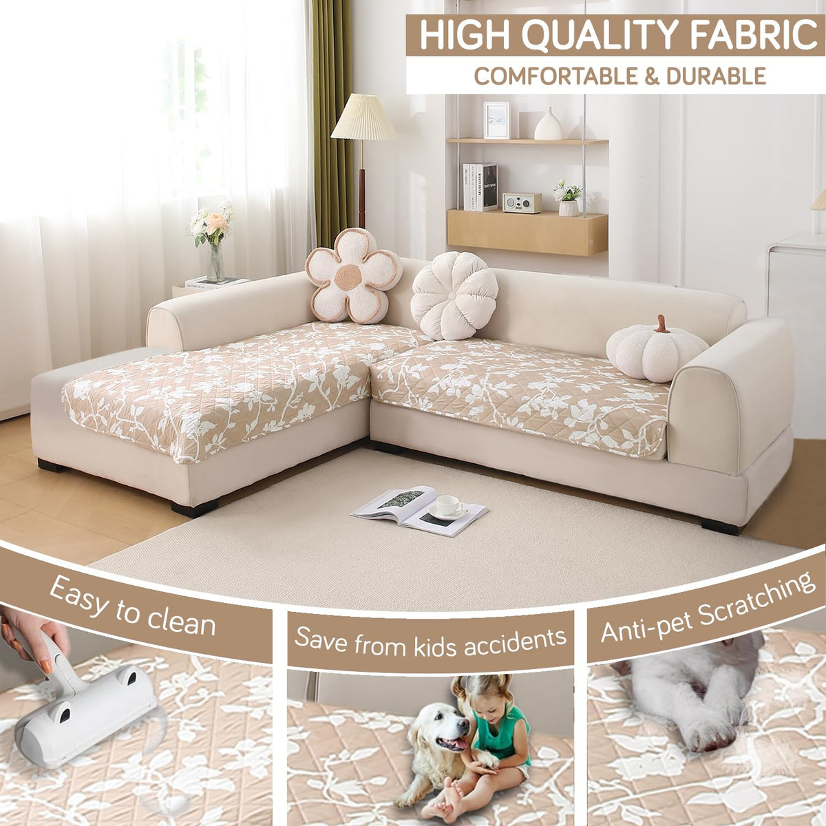 Waterproof Printed Quilted Quick Dry L Shape Sofa Seat Cover Mat, Buff Brown Sillehoute Floral