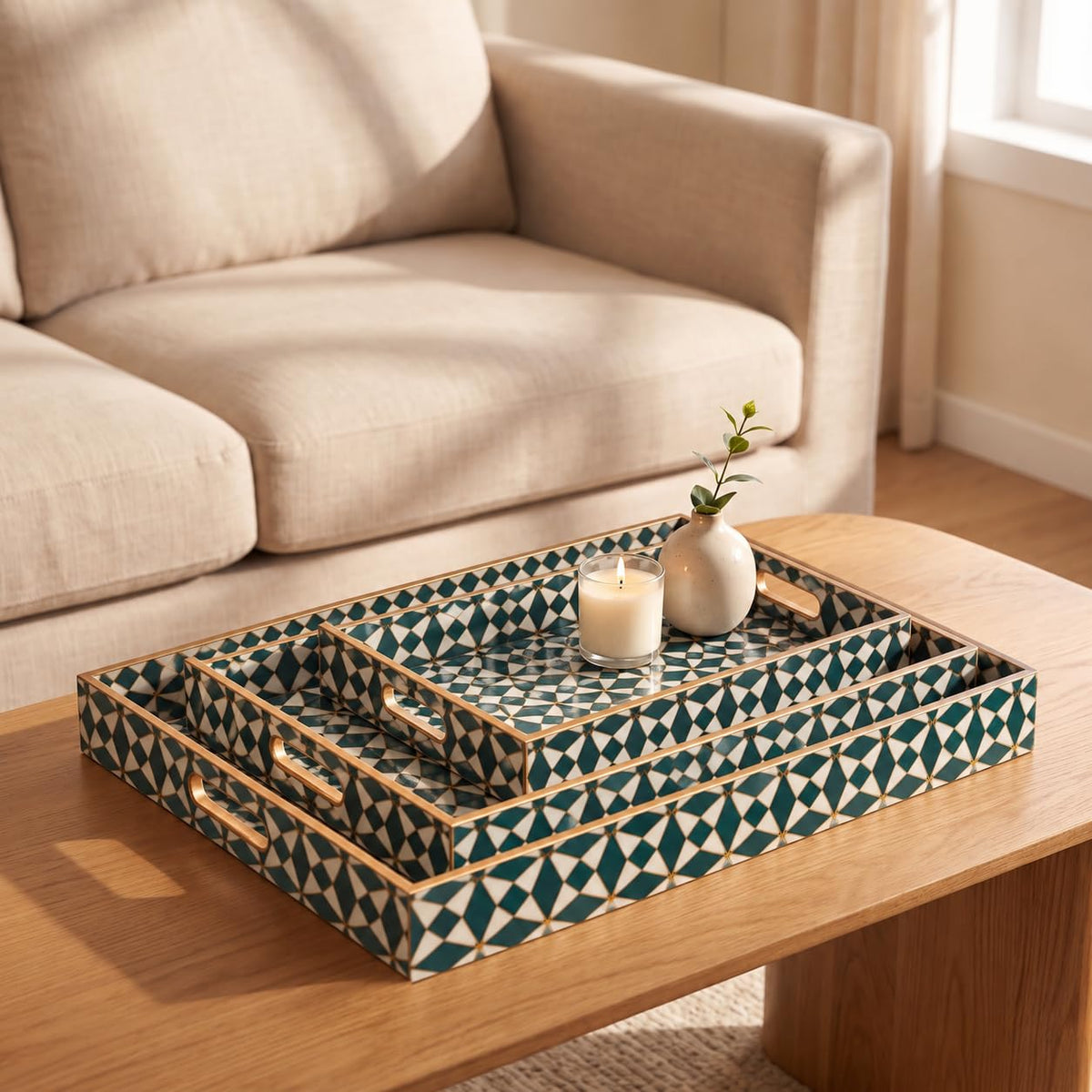 HOKIPO Serving Tray Set of 3, Engineered Wood, Moroccan Prism - image 5
