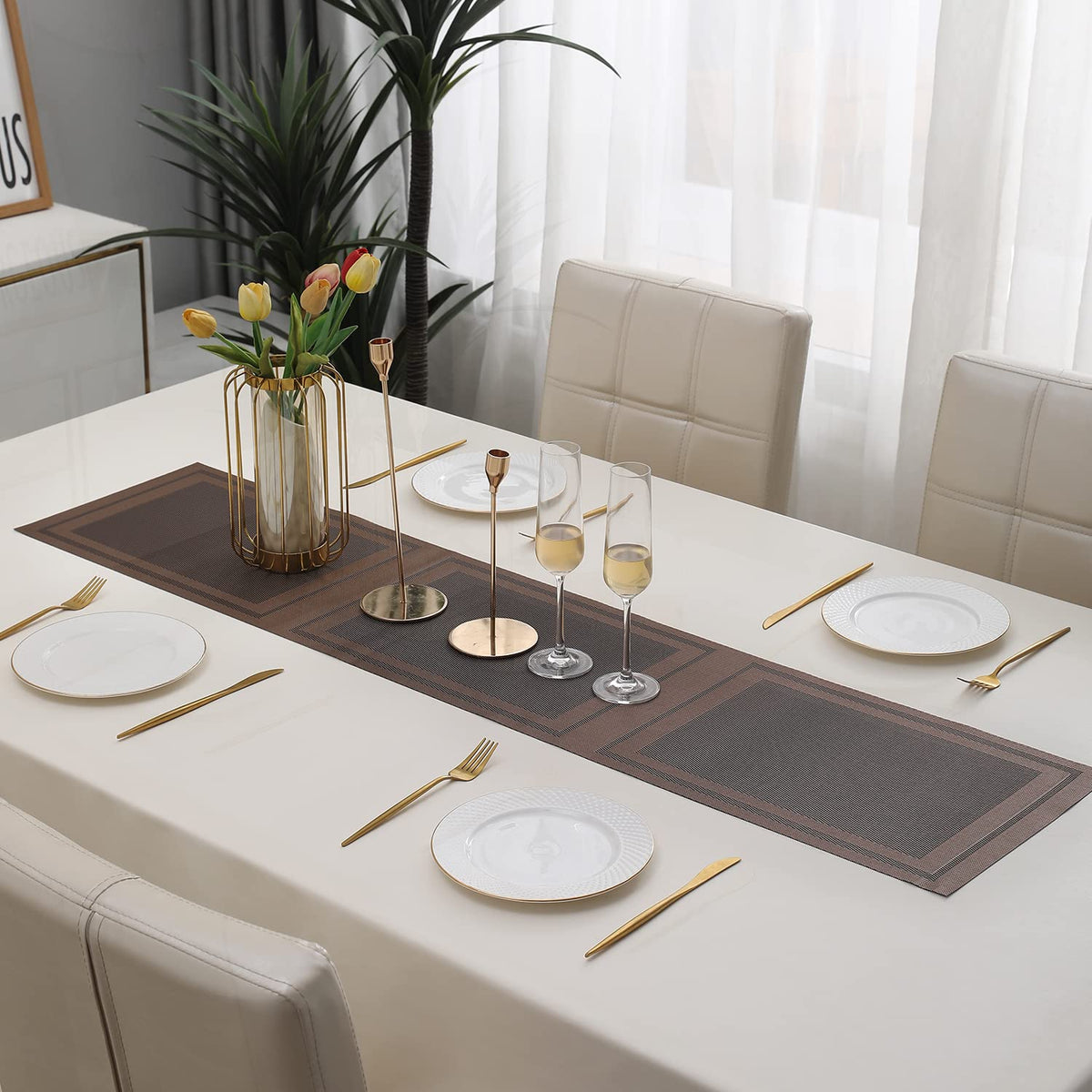 Buy Copper Brown Colour PVC Runner for 4 Seater Dining Table | HOKIPO