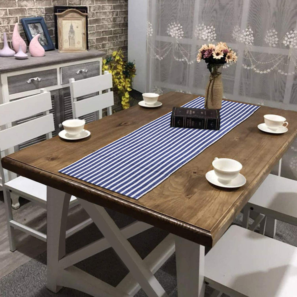Buy Blue Colour Cotton Ribbed table runner for dining table | HOKIPO