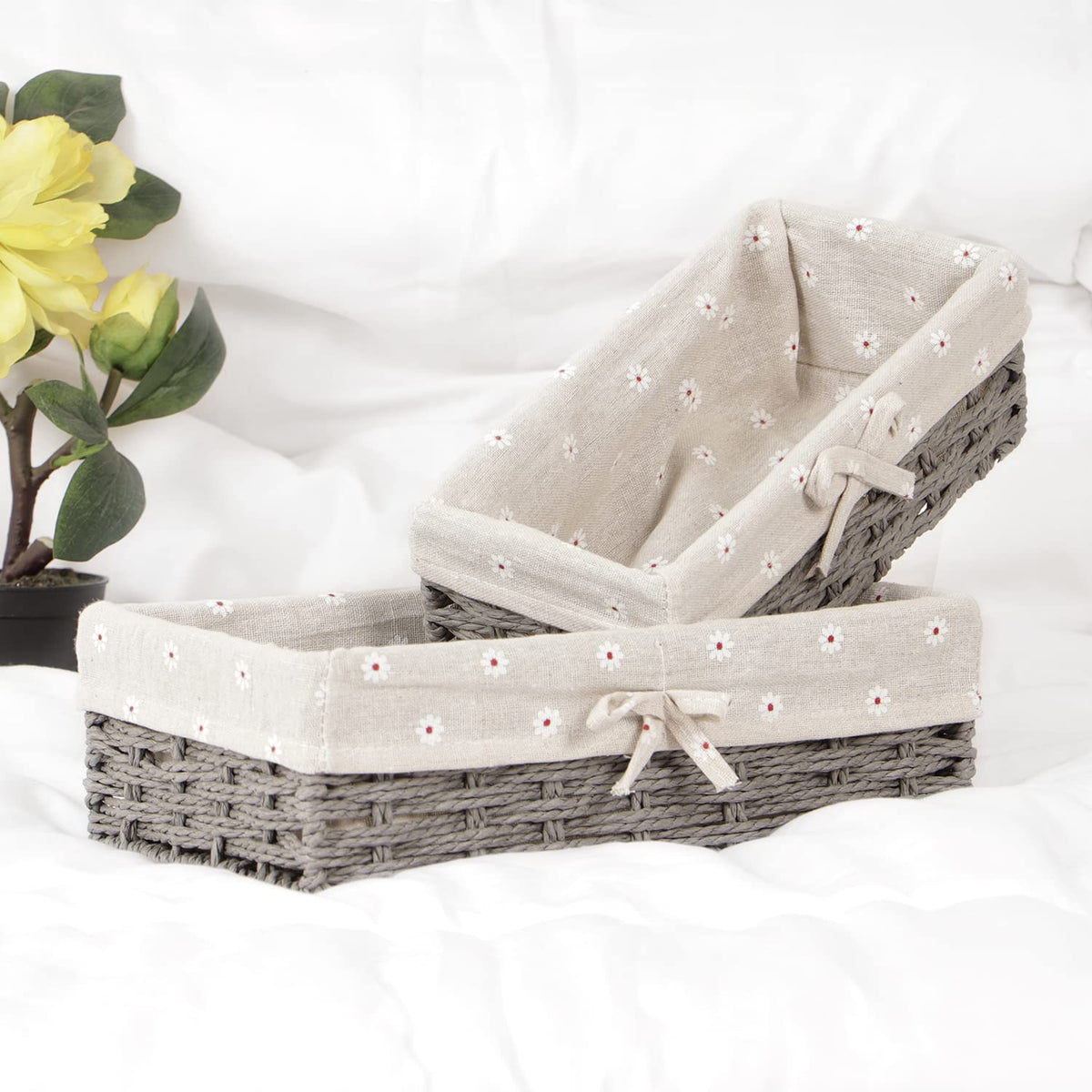 Eco-Friendly Handwoven Paper Weave Wicker Oval Basket For Home, Office, Wardrobe. Pack Of 2, Grey