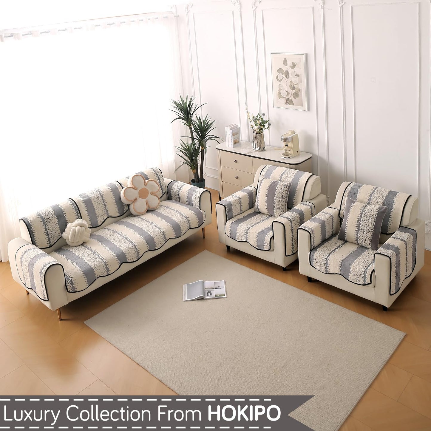 Luxury Wavy Anti Slip Plush Sofa Cover Mat, Pewter Grey