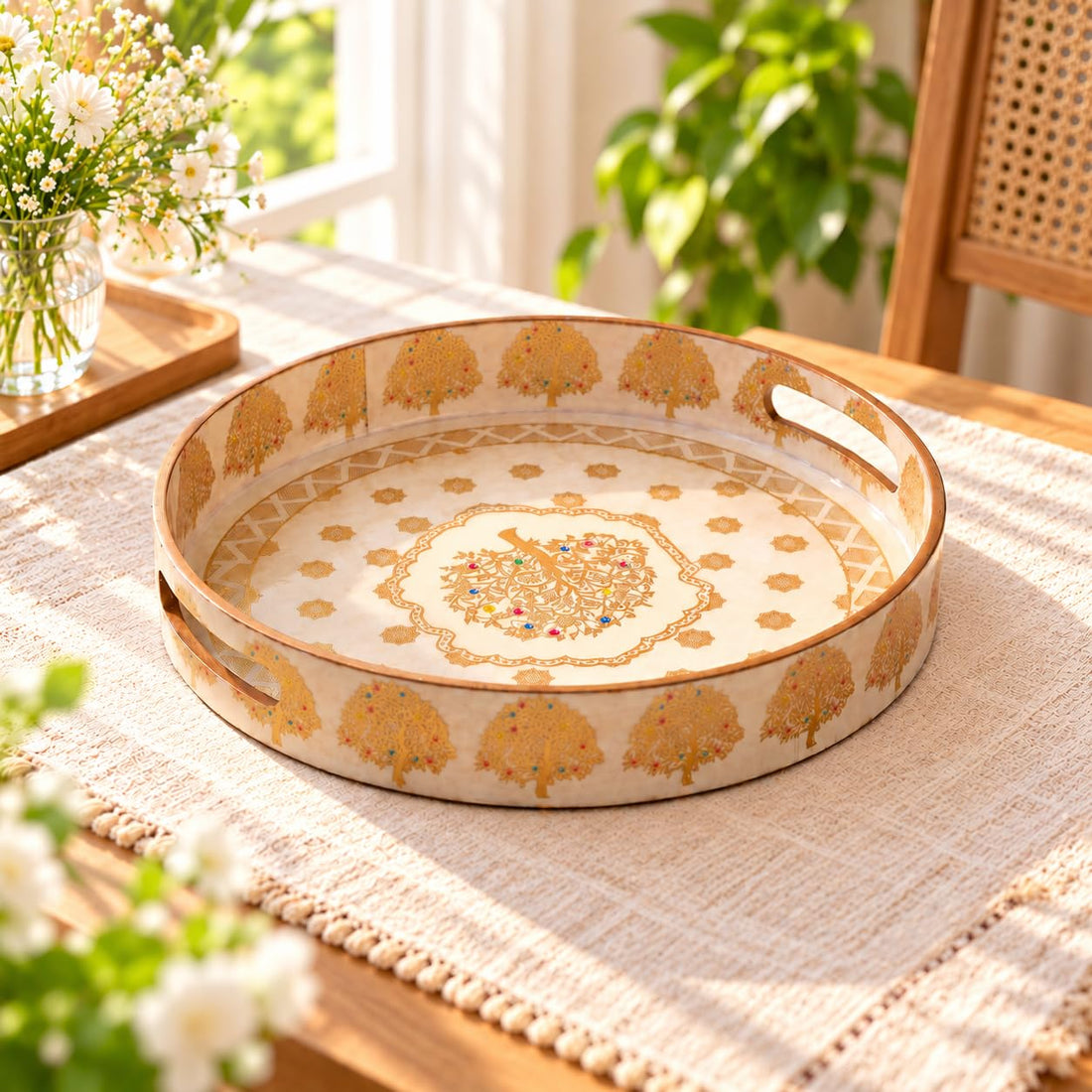 HOKIPO Round Serving Tray 12 in, Engineered Wood, Swarna Vriksha - image 1