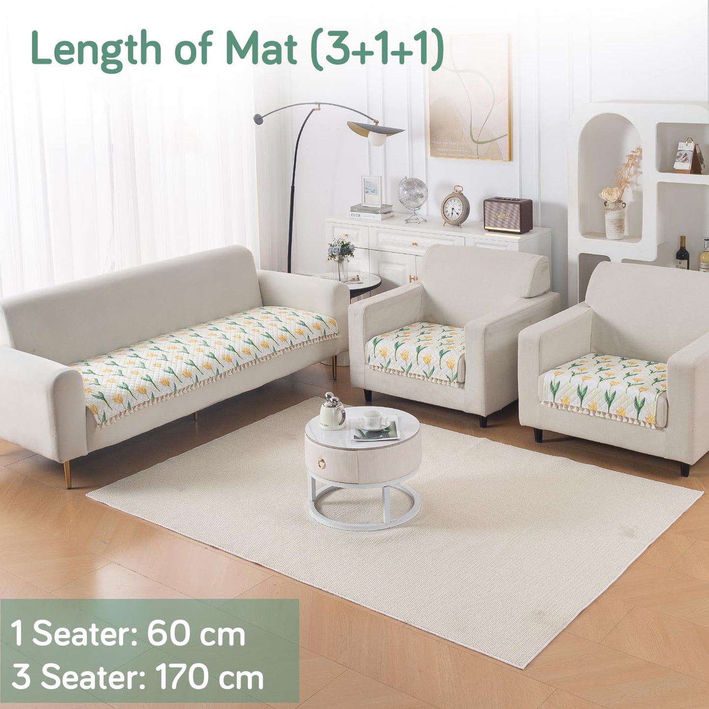 Quilted Sofa Seat Mat for 5-Seater Sofa (3+1+1), Tassel Twigs | Tulip Blossom