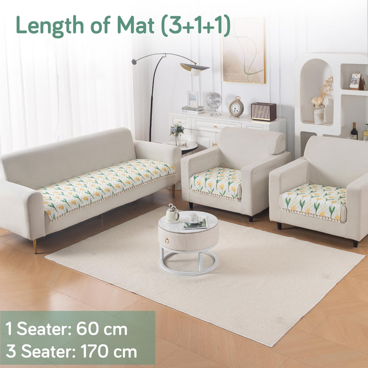 Quilted Sofa Seat Mat for 5-Seater Sofa (3+1+1), Tassel Twigs | Tulip Blossom