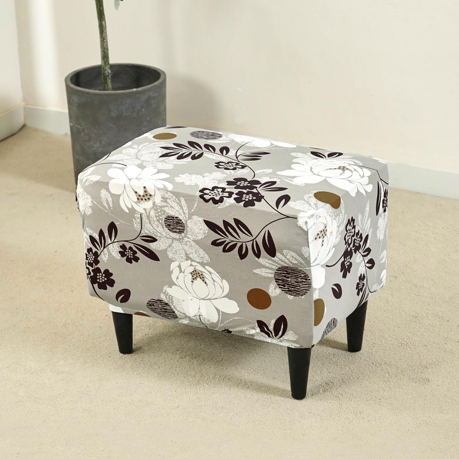 Stretchable 140 GSM Footstool Cover, Feather Brown Floral