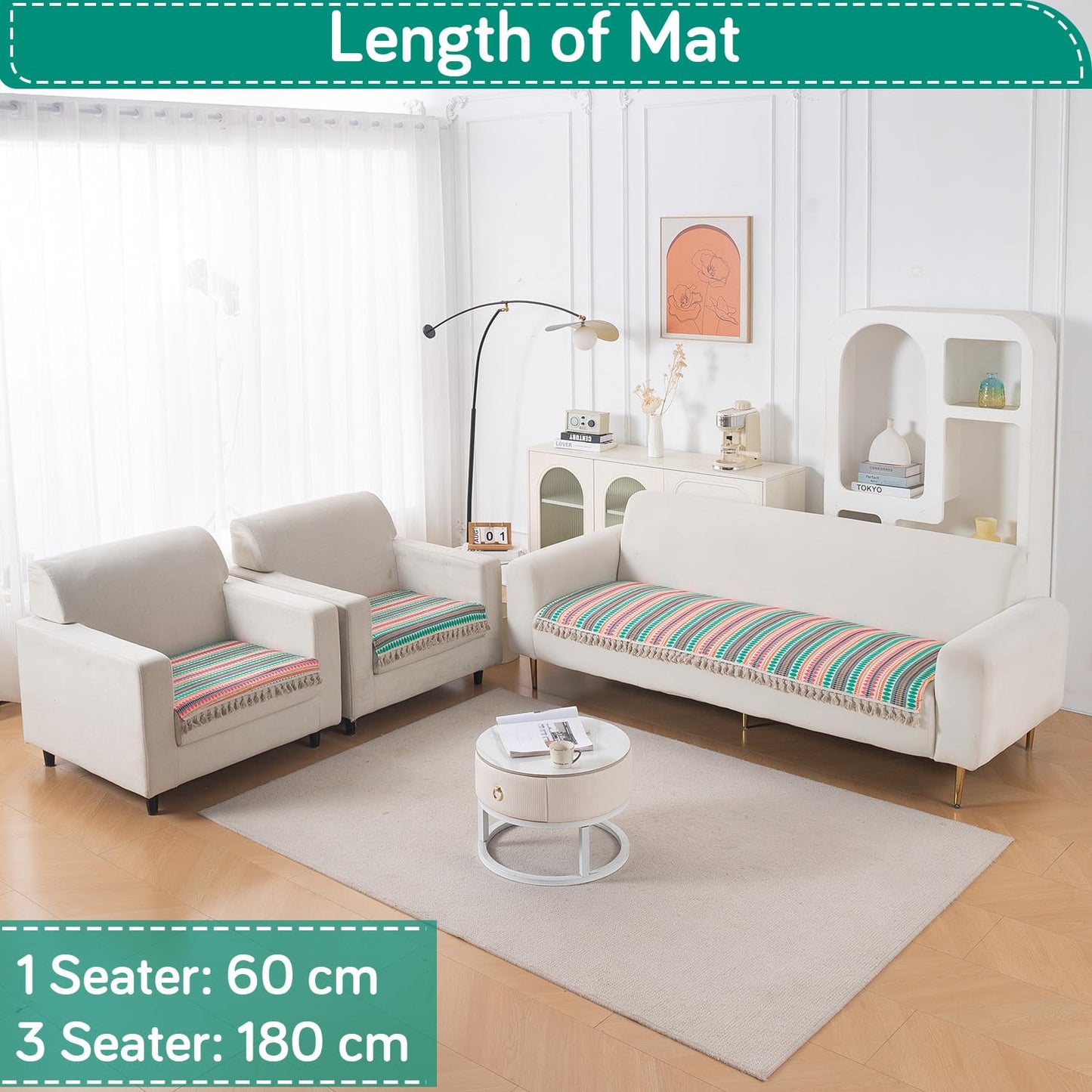 Artisan Boho 5-Seater Sofa Seat Mat with Tassels (3+1+1), Mint Green