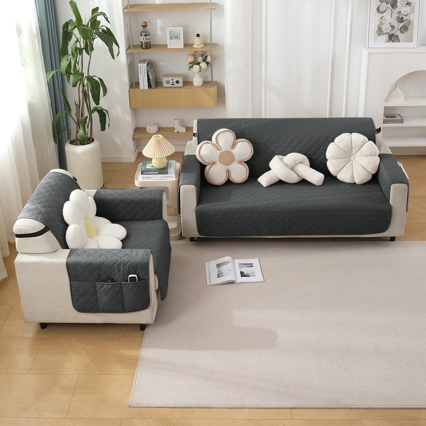 Quilted Waterproof Sofa Cover Mat with Pockets on Armrest Cover - Grey