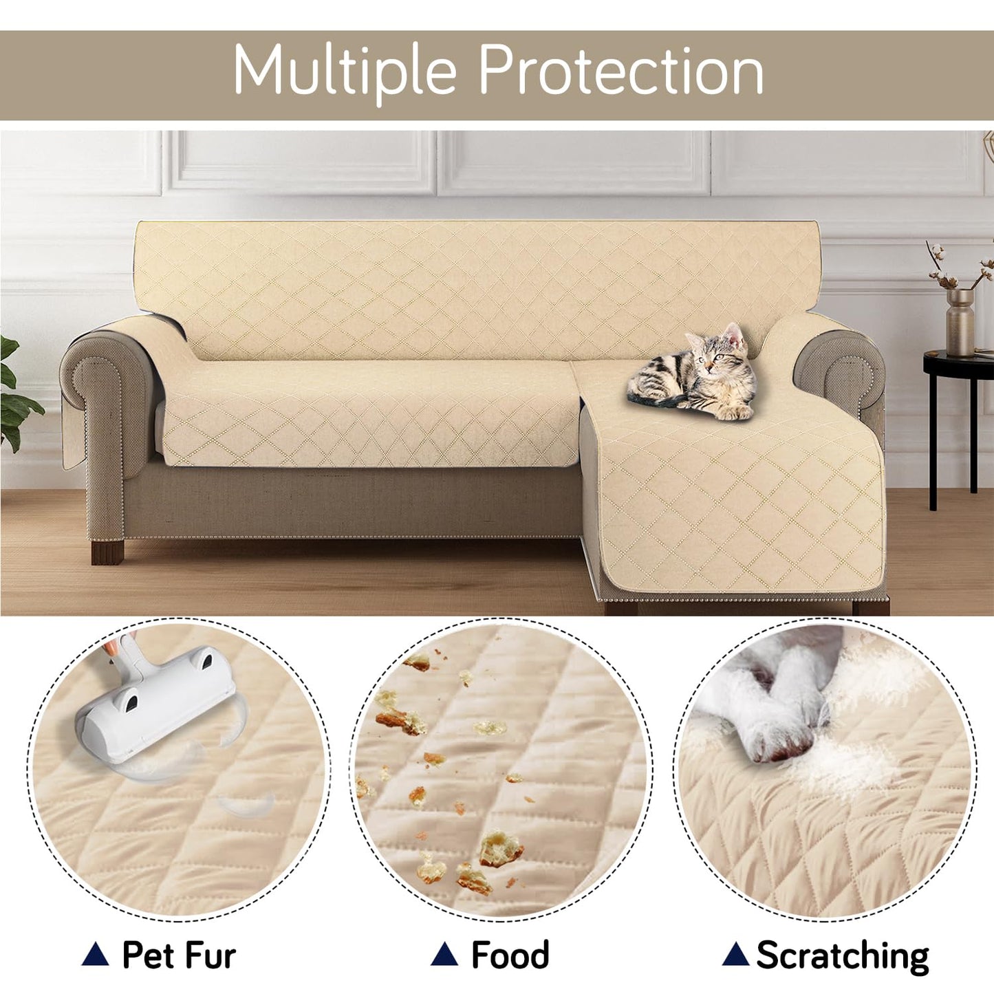 HOKIPO Quilted Reversible One Piece L Shape 4/5/6 Seater Sofa Cover Mat, Beige