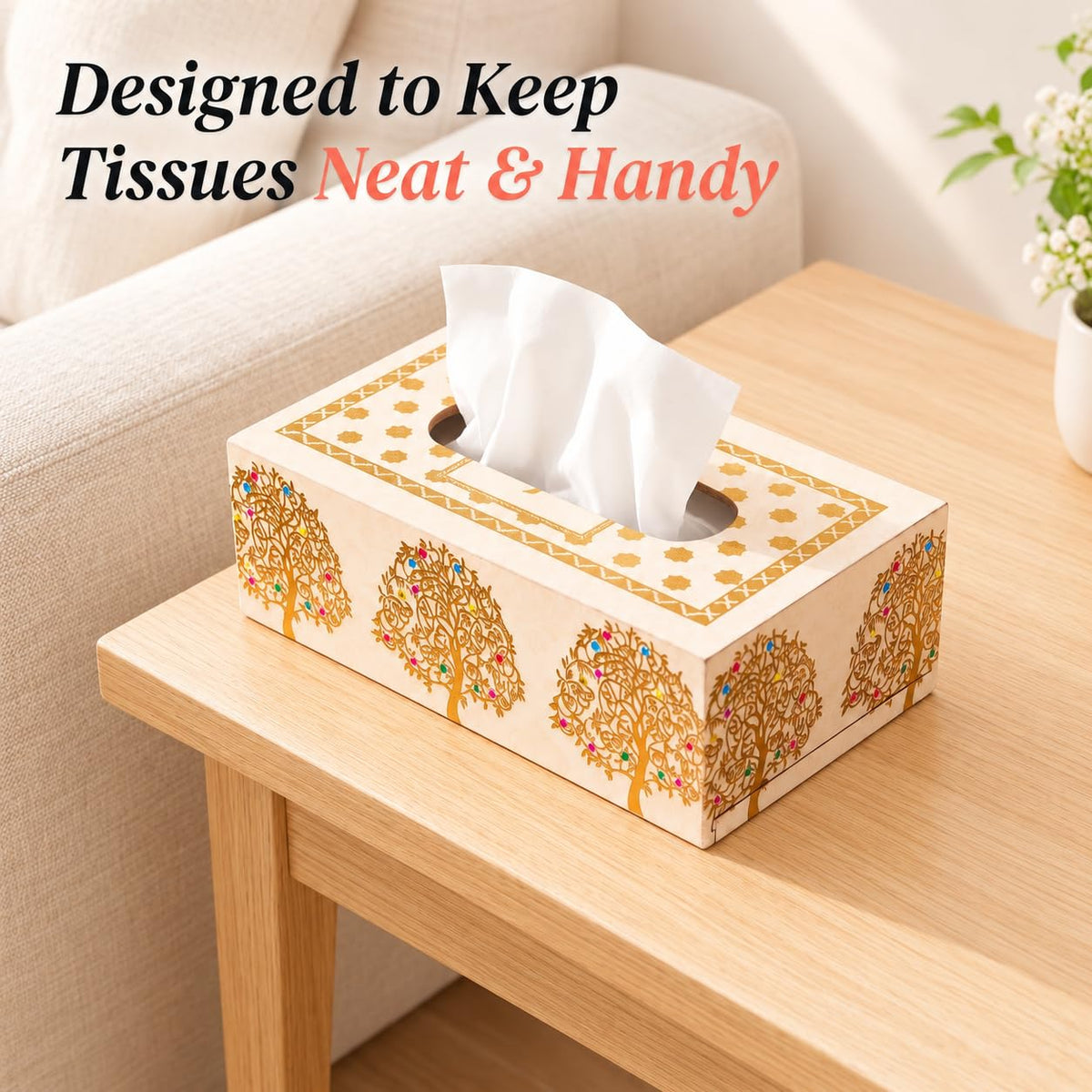 HOKIPO Tissue Box Holder, Rectangle, Engineered Wood, Swarna Vriksha - image 5