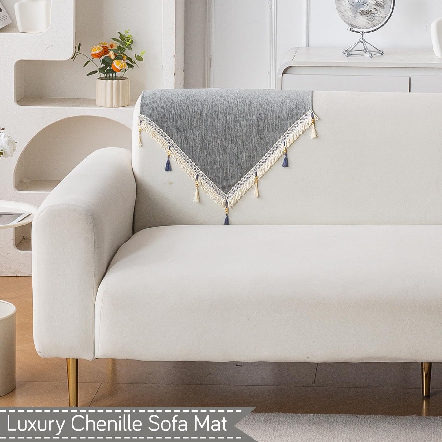 Serenity Tassel Chenille Sofa Cover with Tassel – Glacier Silver