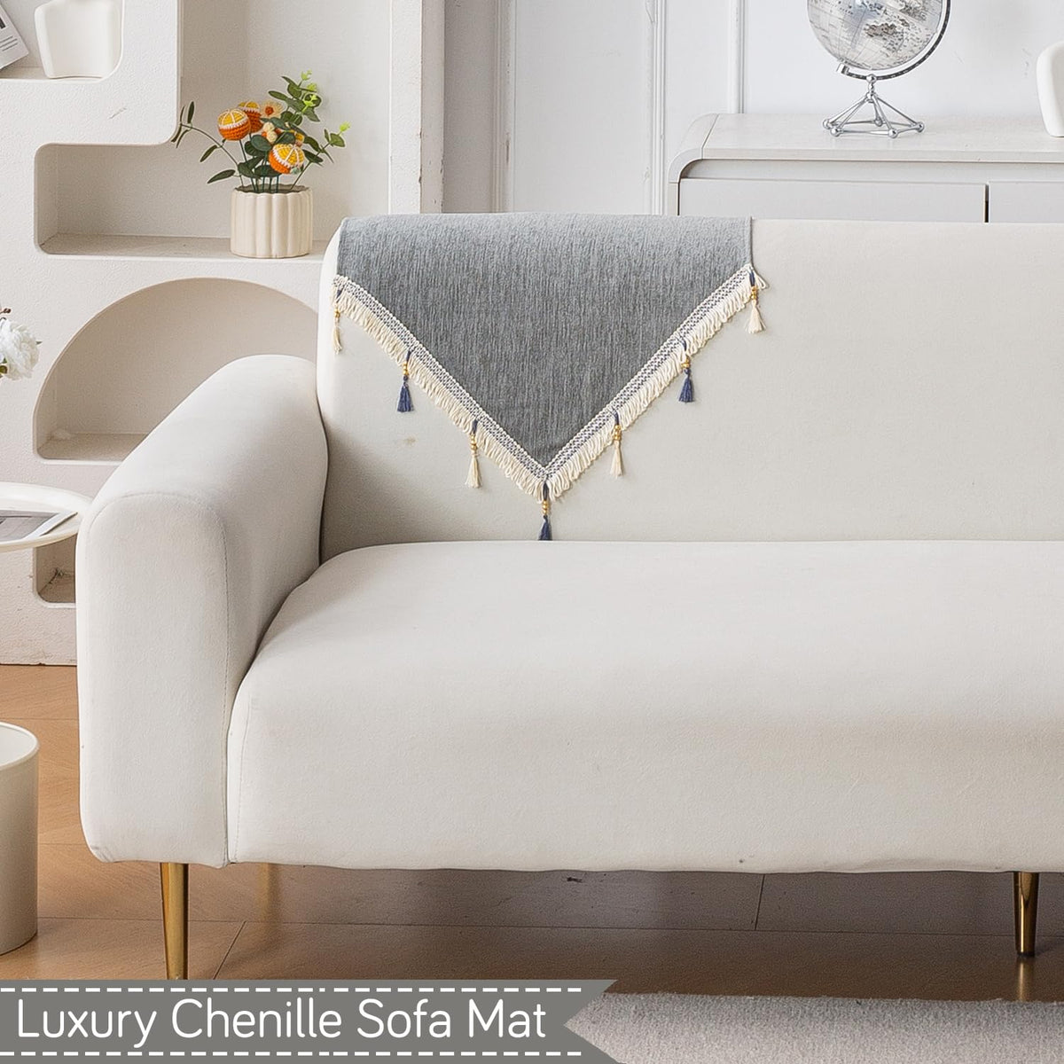 Serenity Tassel Chenille Sofa Cover with Tassel – Glacier Silver