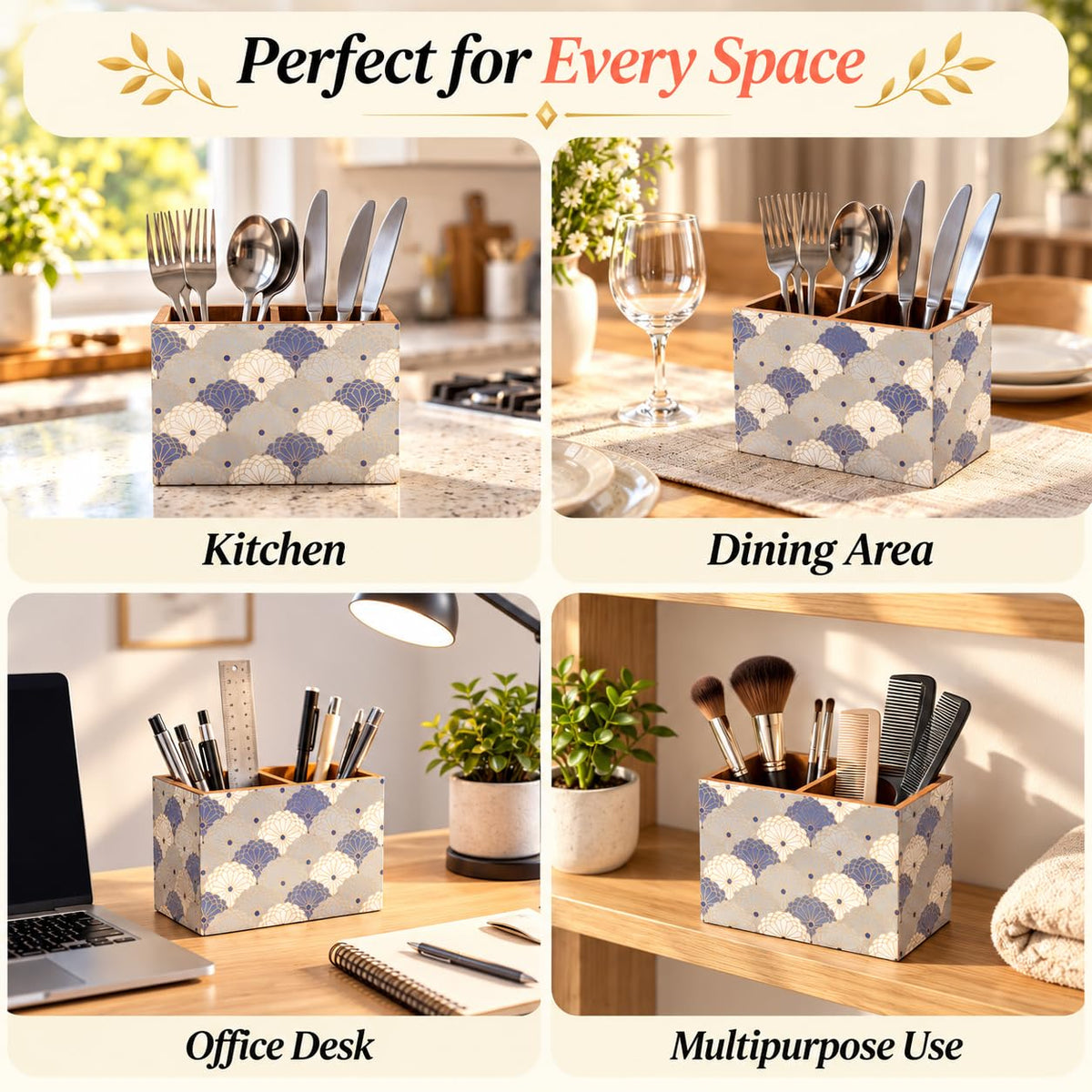 HOKIPO Cutlery Holder for Dining Table, Engineered Wood, Indigo Flora - image 4