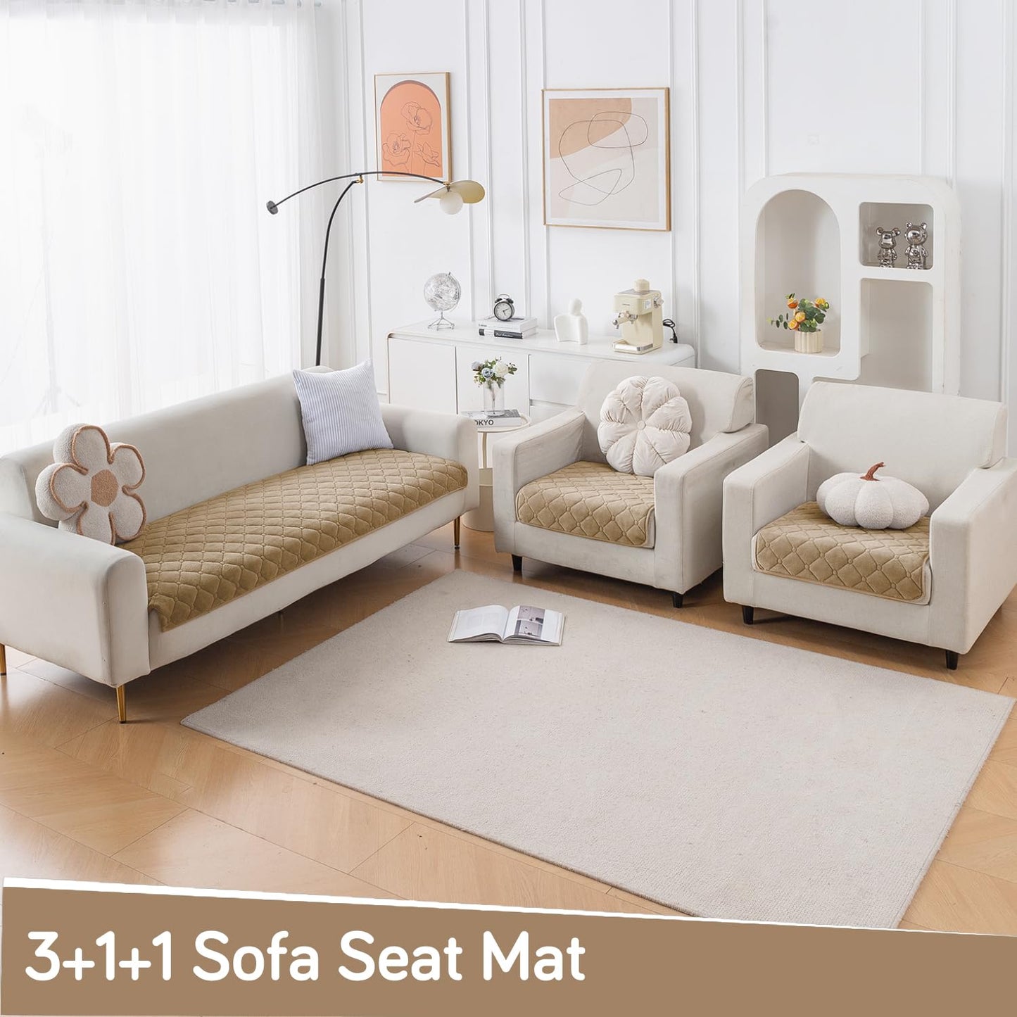 Diamond Tuft Quilted 5-Seater Sofa Mat (3+1+1), Anti-Slip, Sand Beige