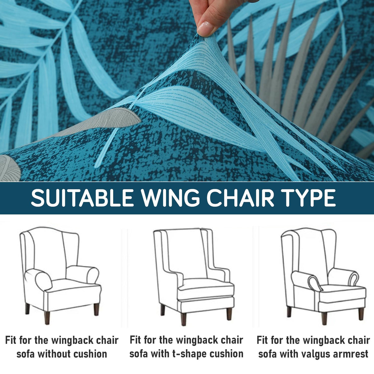 Sea Blue Tropical Leaves Stretchable Chair Cover for Wingback Chair