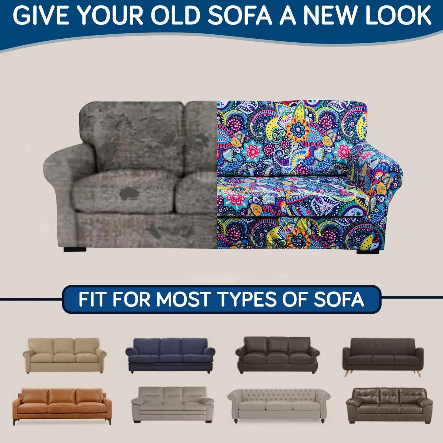 Printed Stretchable Sofa Slipcover with 1/2/3 Pc Separate Seat Cushion Cover for each 1/2/3 Seater, Saphire Boho Carnival