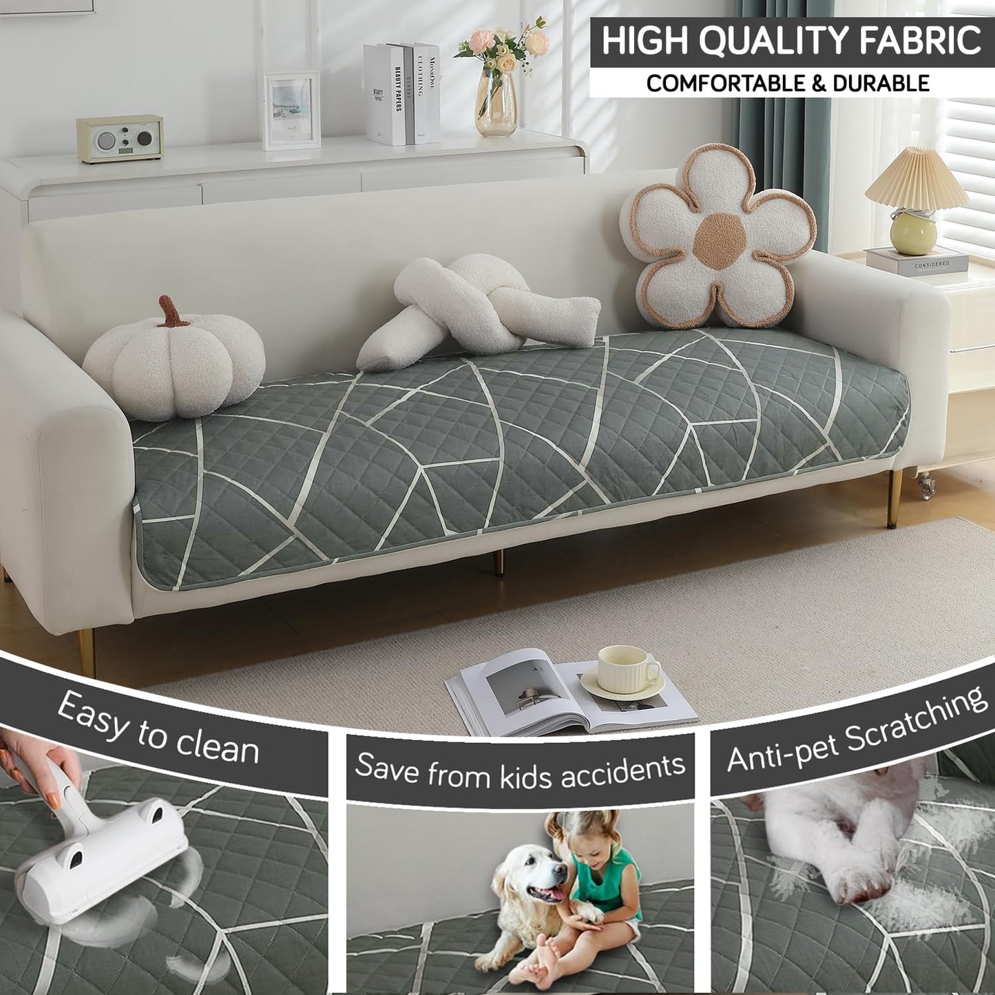 Quilted 1/2/3 Seater Waterproof and Anti-Slip Sofa Cover Mat, Abstract Geometric Shadow Grey