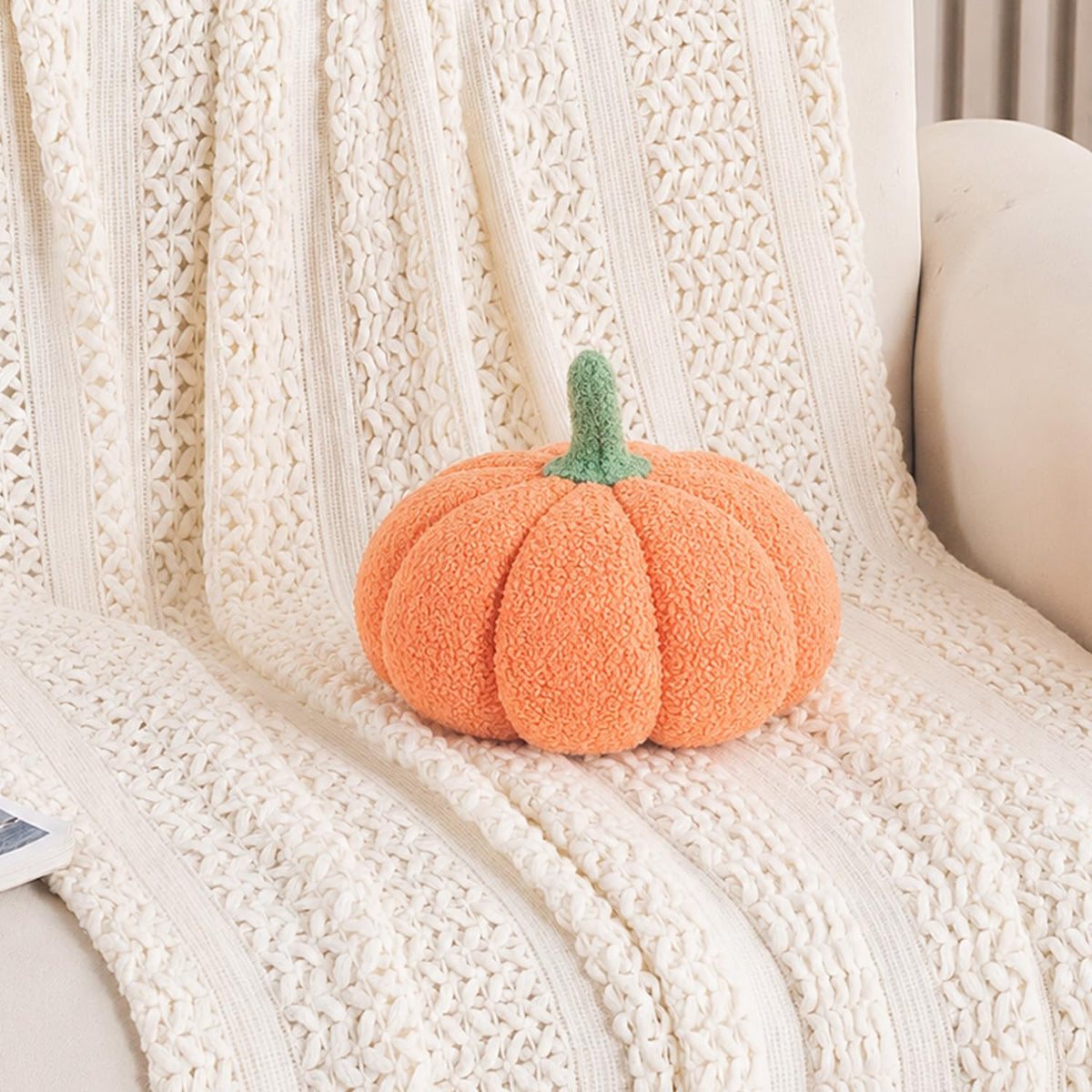 HOKIPO Pumpkin Shaped Plush Cushion for Autumn Decor, 19 cm, Peach