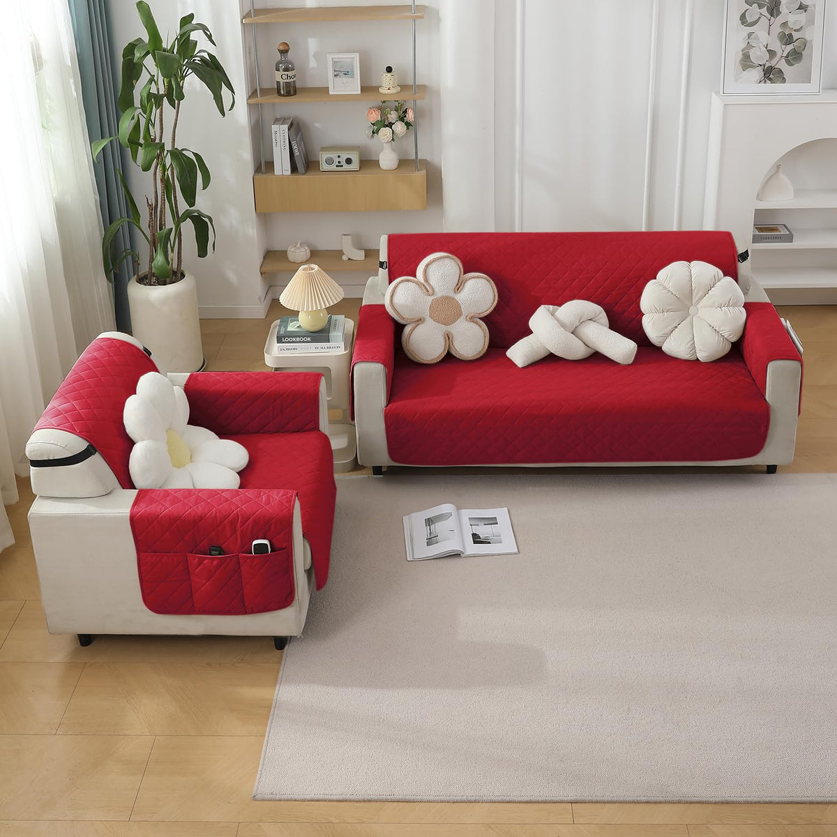 Quilted Waterproof Sofa Cover Mat with Pockets on Armrest Cover - Red