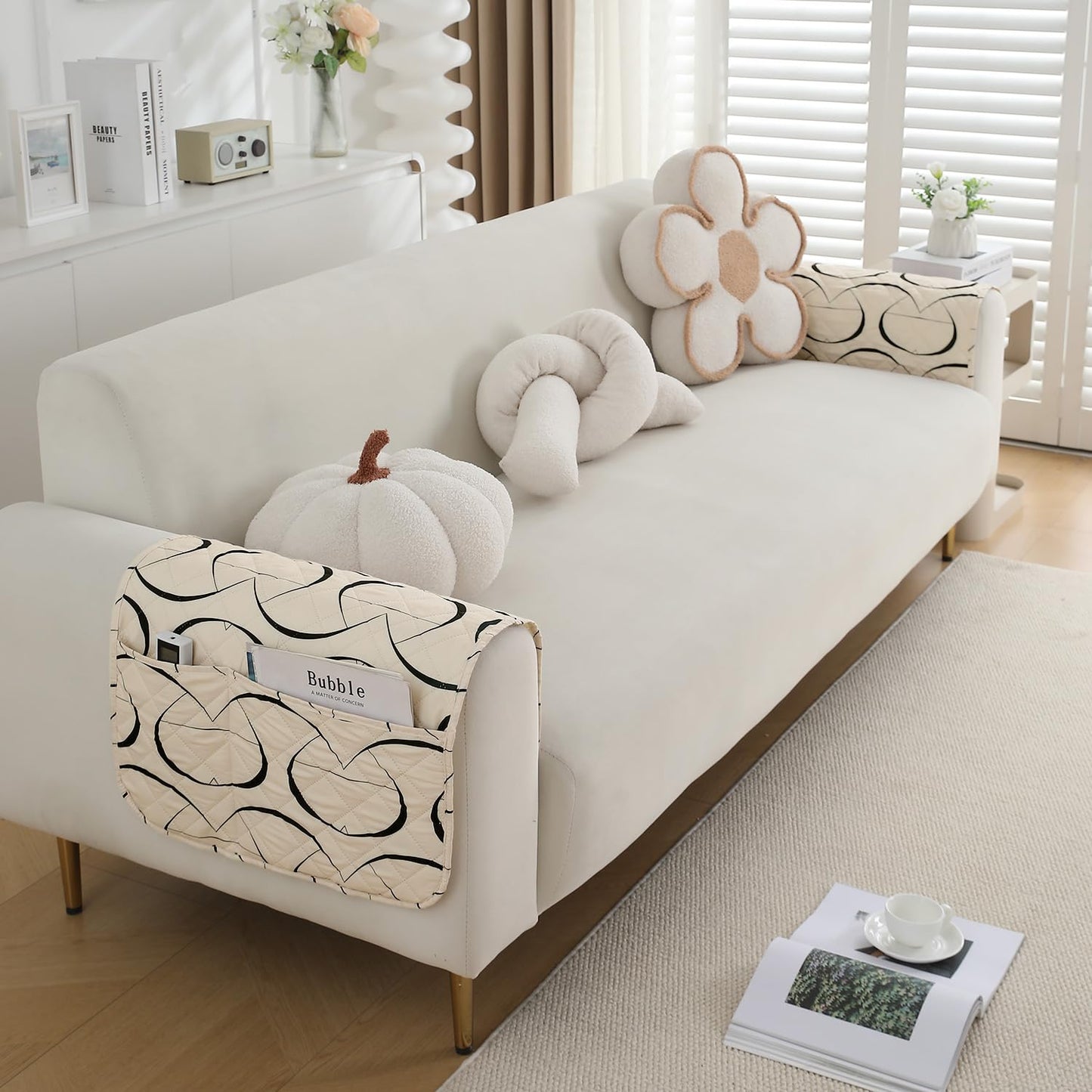 HOKIPO Water Repellent & Waterproof Sofa Armrest Covers with Pockets (Set of 2) - Natural Beige Abstract Art