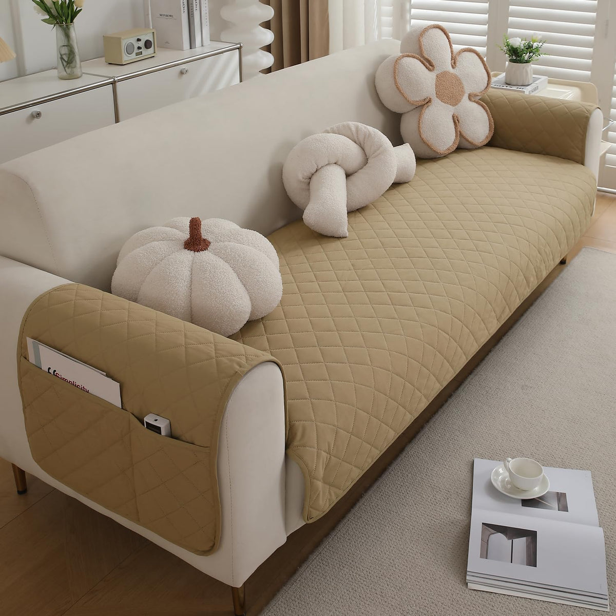 Quilted Waterproof Sofa Seat Mat for 1/2/3 Seater Sofa with 2 Armrest Covers with Pockets, Beige