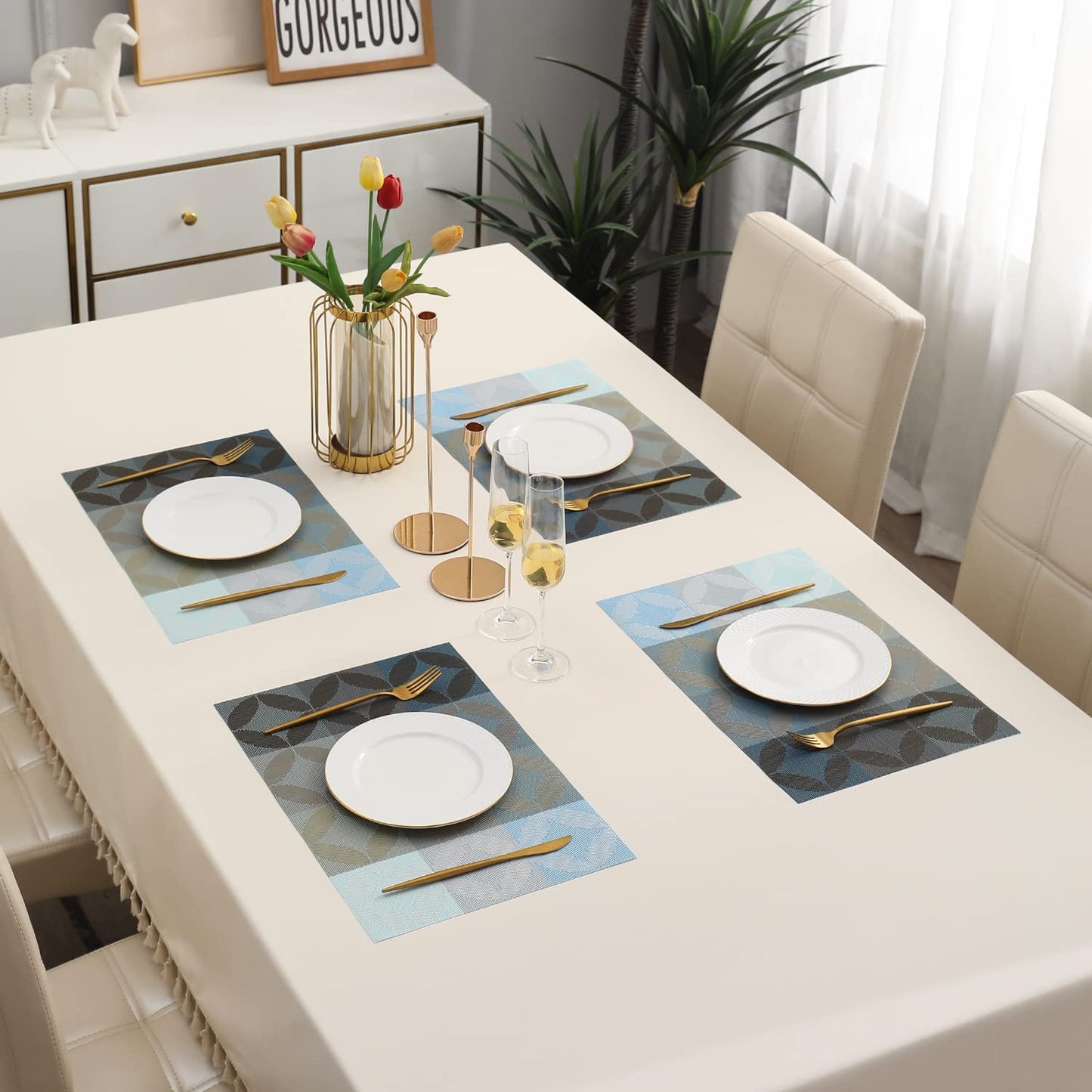 PVC Dining Table Mats, Geometric Blue