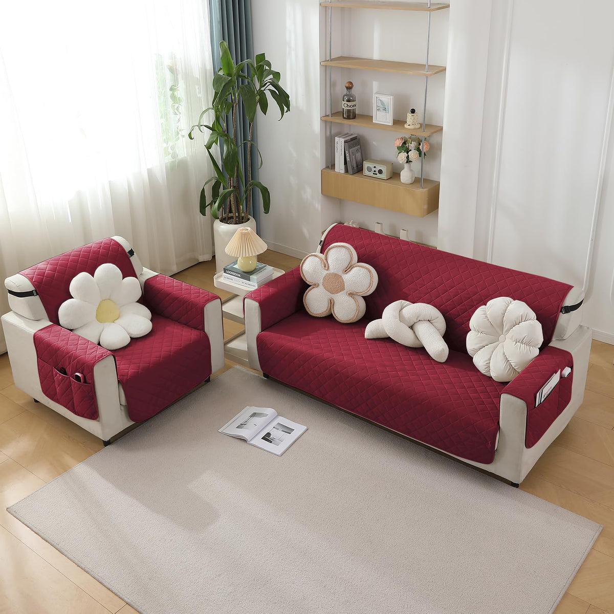 Quilted Waterproof Sofa Cover Mat with Pockets on Armrest Cover - Maroon