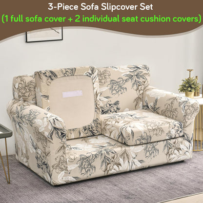 Printed Stretchable Sofa Slipcover with 1/2/3 Pc Separate Seat Cushion Cover for each 1/2/3 Seater, Beige Vintage Peony