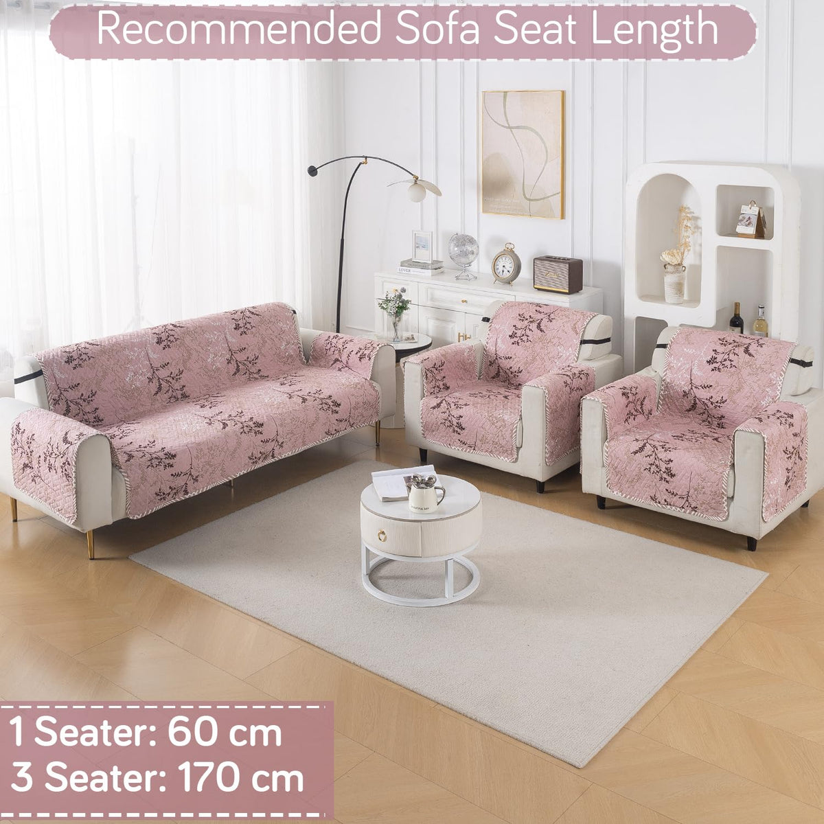 Easy Drape Reversible Quilted 5-Seater Sofa Cover (3+1+1), Blush Branch