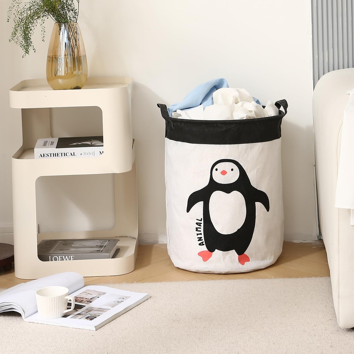Kids Laundry Basket for Clothes, Toy Storage Bag, Penguin