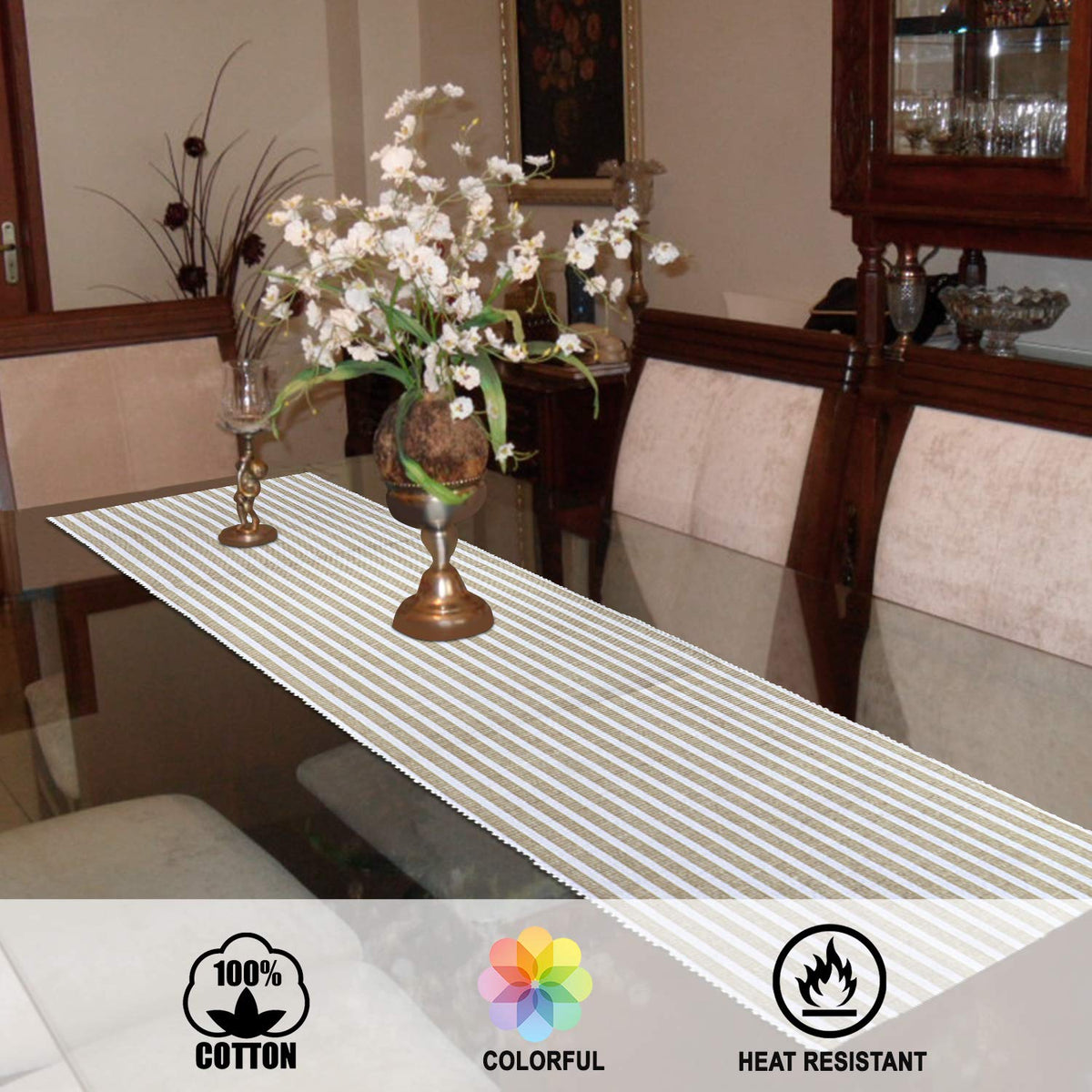Buy Brown Colour Heat Resistant Eco-friendly Cotton Ribbed Dining Table Runner | HOKIPO