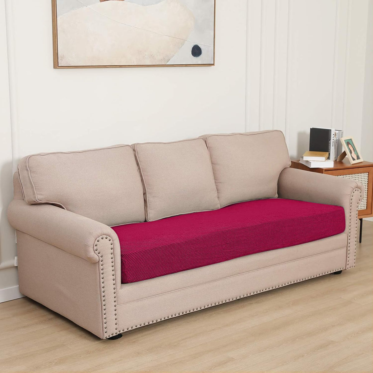 Stretchable Thick Jacquard Textured Seat Cushion Cover for 1/2/3 Seaters / Pieces for Sofa, Maroon