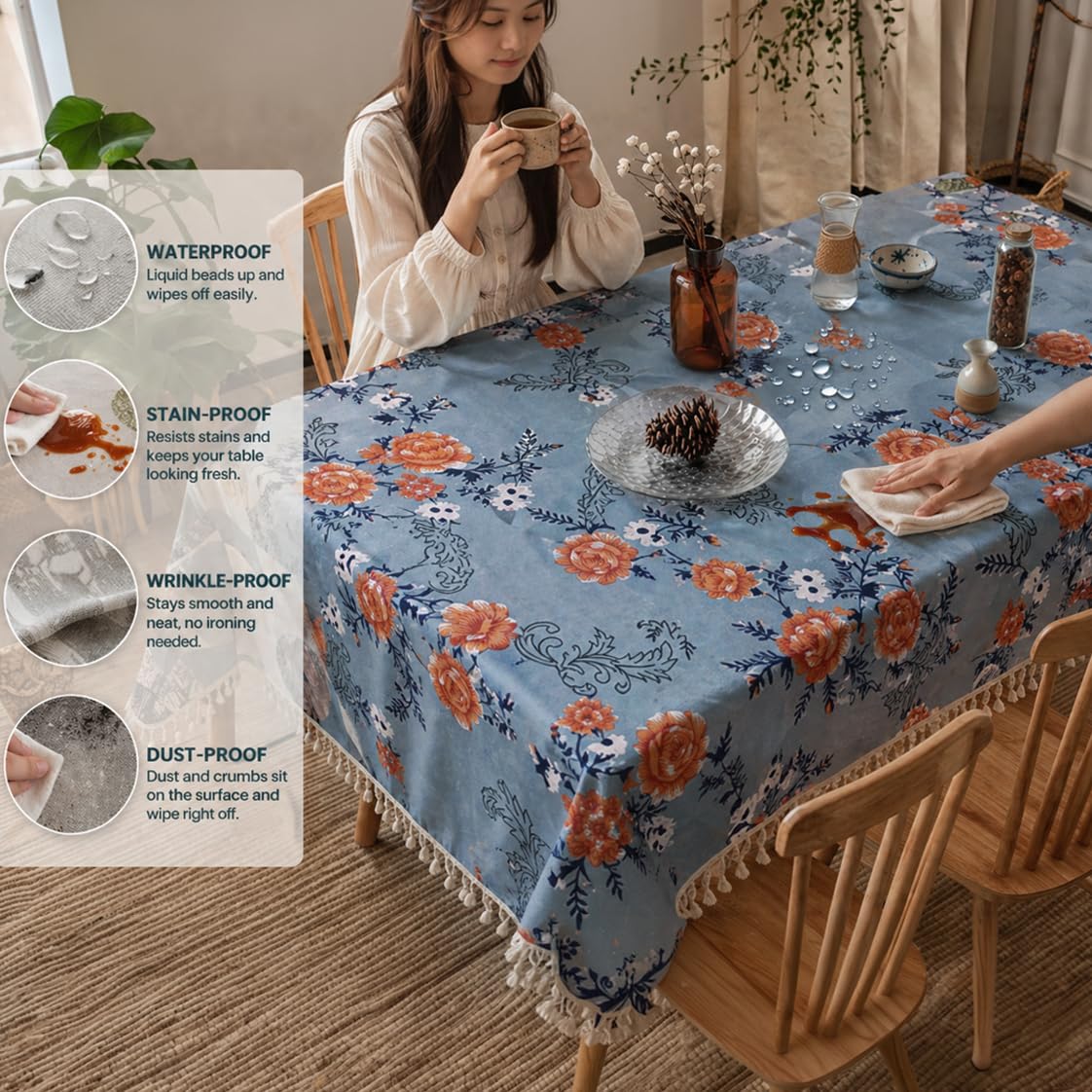 HOKIPO ShieldQuilt Table Cloth with Tassel Edge for 4/6 Seater, Blue - image 4