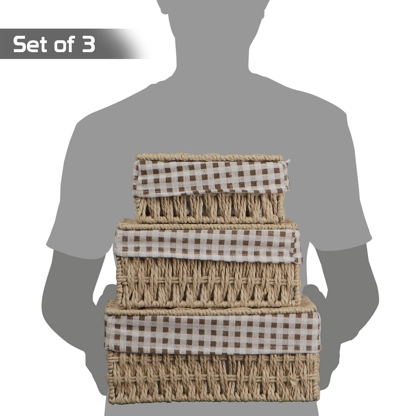 Environmental Friendly Paper Rope Wicker Storage Baskets with lid, Pack of 3, Beige