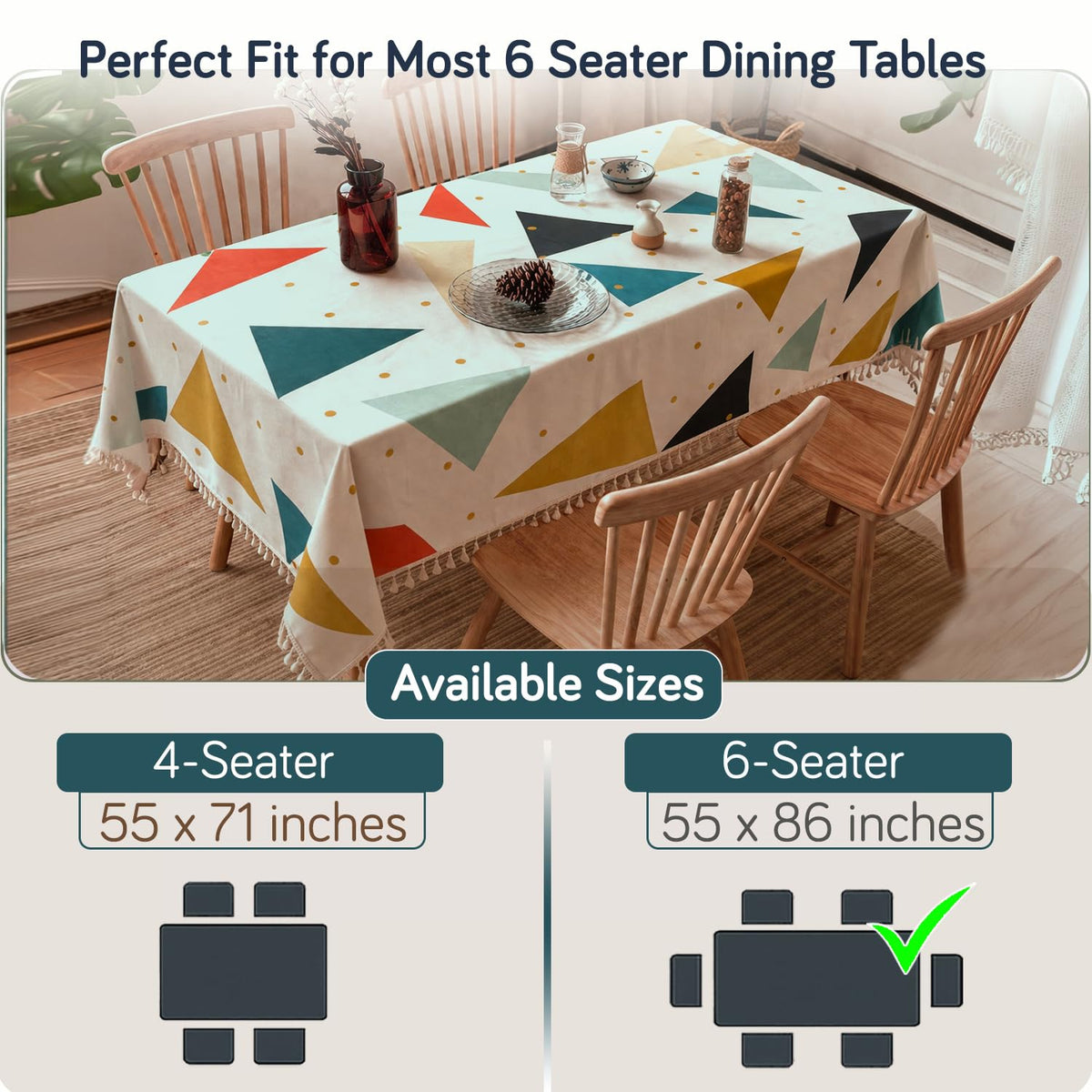 HOKIPO ShieldQuilt Table Cloth with Tassel Edge for 4/6 Seater, Modern Triangle - image 3