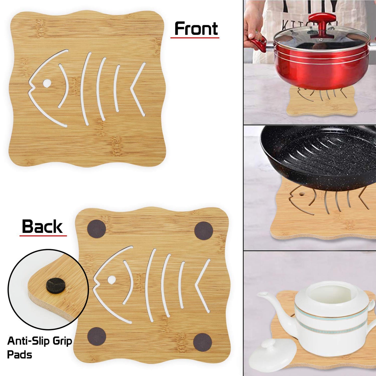 HOKIPO Eco-Friendly Bamboo Coasters for Dining Table Heat Pad for Kitchen - Pack of 2/4/6