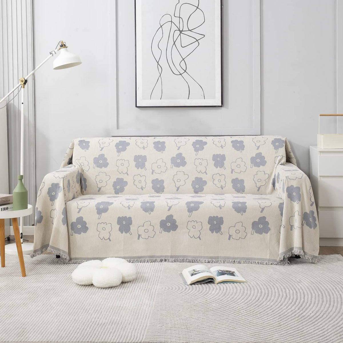 Thick, Soft and Pet Friendly Chenille Sofa Cover Throw, Off-White Floral