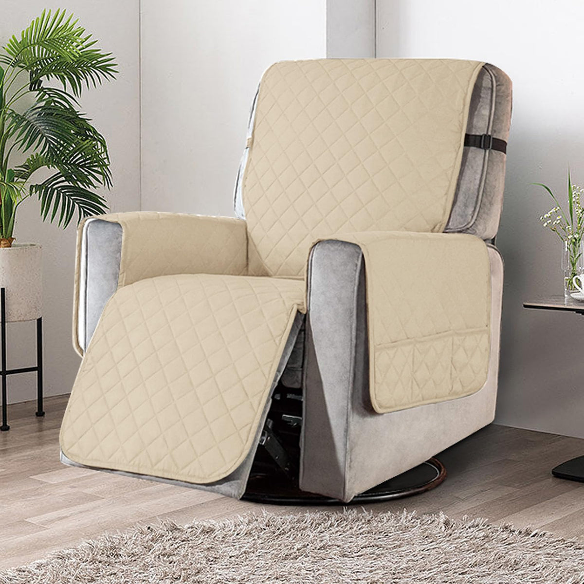 Quilted Recliner Chair Cover With Side Pockets for 1 Seater Sofa, Sand Brown