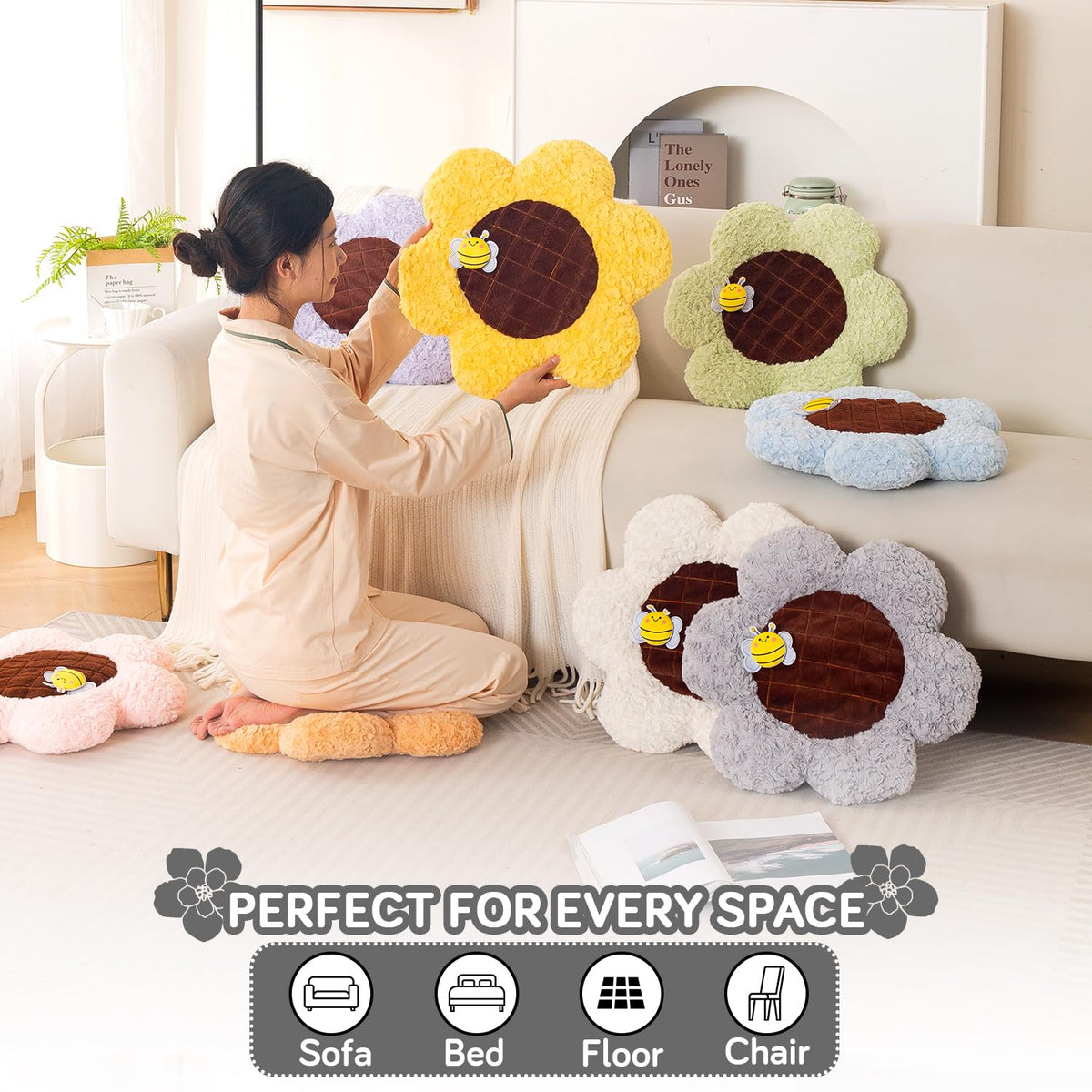 HOKIPO Sunflower Bee Cushion for Sofa & Bed, 50 cm, White
