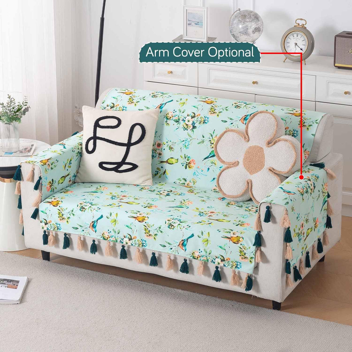 'Whispers of Nature' Series Holland Velvet Sofa Cover with Tassel, Mint Birdsong Blossom