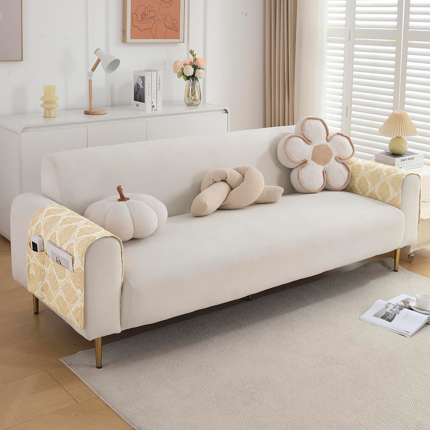 Polyester Printed Quilted Sofa Cover Mats, Ogee Ivory