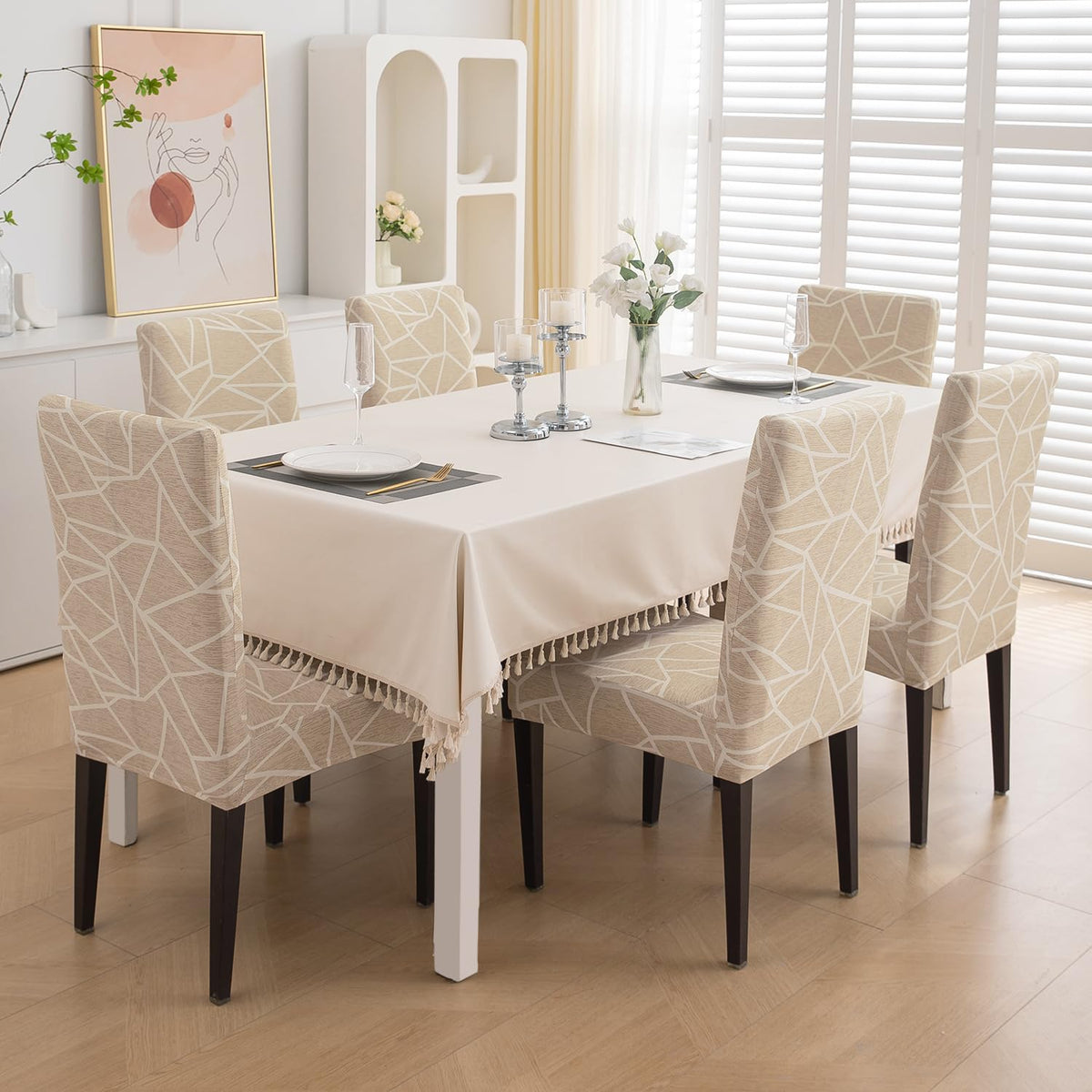 Beige Abstract Geometry Print dining chair cover 6 seater