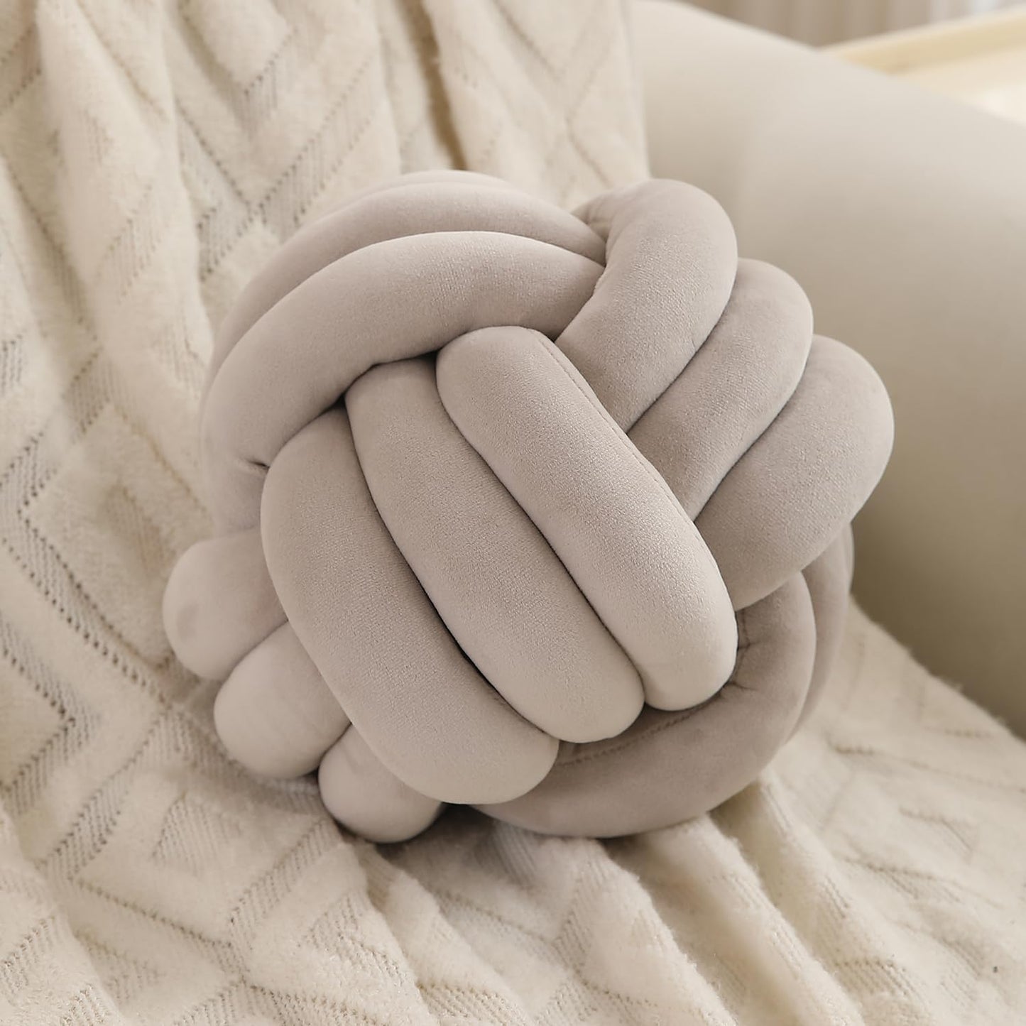 Knot Ball Cushion Pillow Soft Plush Velvet Decorative Throw Pillow - Light Taupe Brown
