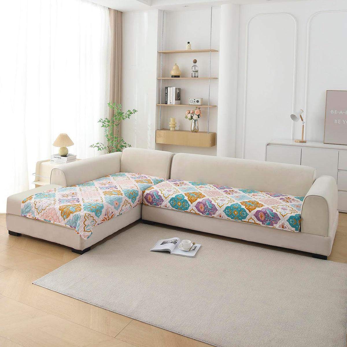 L Shape Sofa Cover Mat for 2+2/3+2/3+3 Seater, Quilted Printed Quatrefoil Multicolor