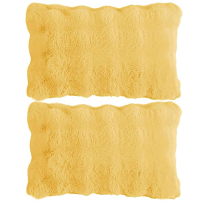 Premium Faux Rabbit Fur Anti Slip Sofa Cover Mat with 2 Armrest Cover and Cushion Cover, Honey Yellow