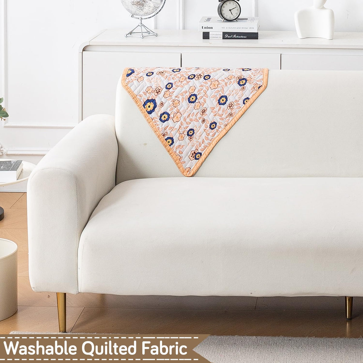 'Homehues' Printed Quilted Sofa Cover Mats,Light Peach Candytuft