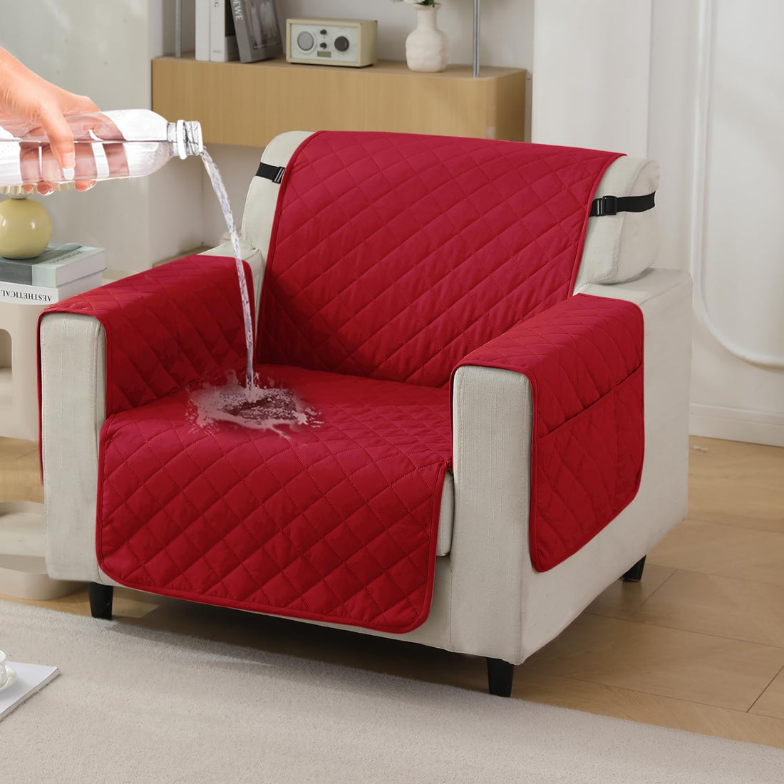 Red colour 1 seater quilted waterproof sofa cover | Hokipo